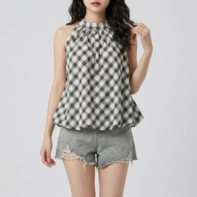 Plaid Halter Neck Bubble Hem Top