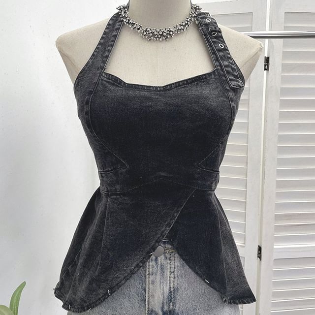 Buckled Open Back Denim Halter Crop Top