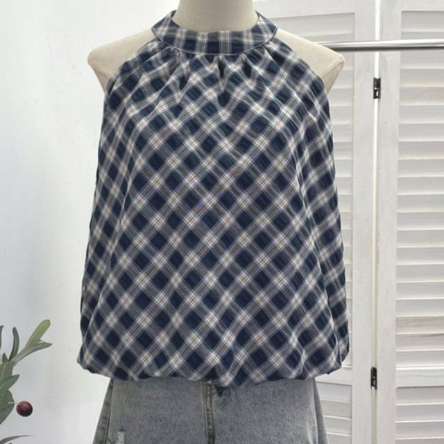 Halter Plaid Bubble Hem Top