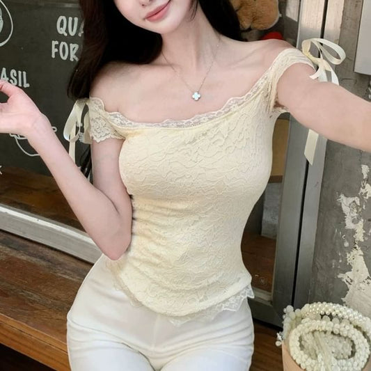 Sleeveless Off Shoulder Plain Bow Lace Top