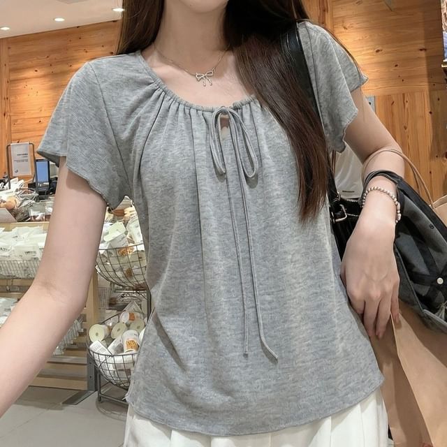 Short Sleeve Tie Neck Plain Top