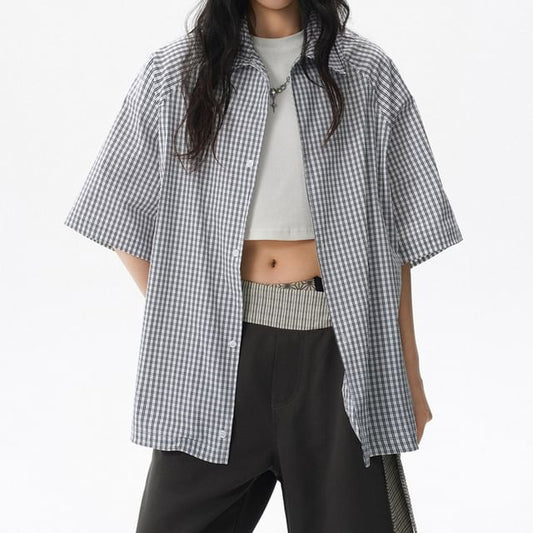 Short-Sleeve Collared Plaid Oversized Shirt