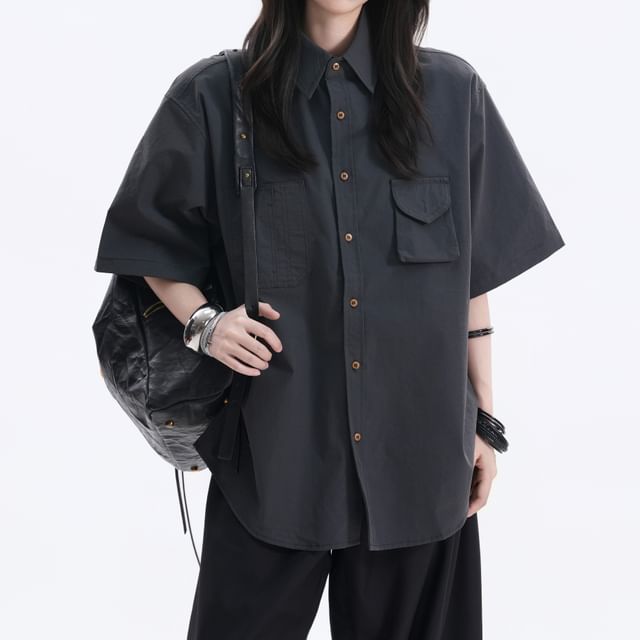 Short-Sleeve Collared Plain Button Up Oversized Shirt
