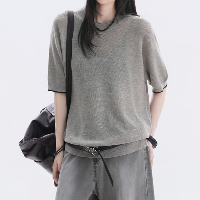 Elbow-Sleeve Crew Neck Plain Oversized Knit Top
