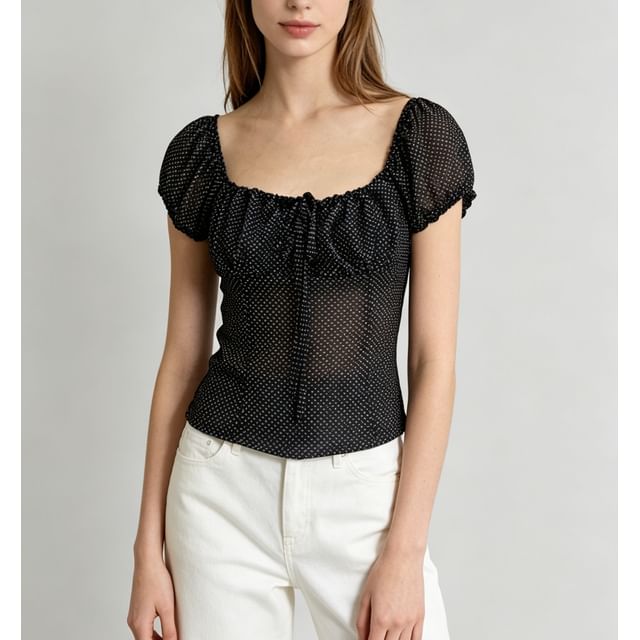 Puff-Sleeve Polka Dot Sheer Tie-Front Blouse