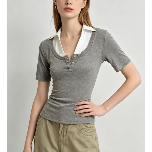 Color-Block Mock Two-Piece Collared Top