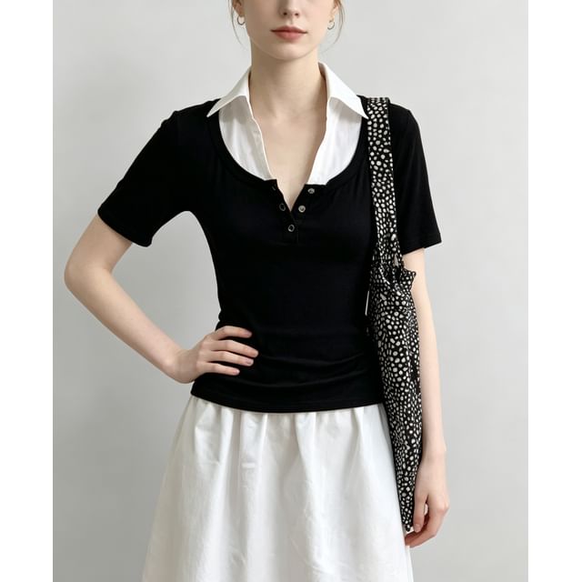 Color-Block Mock Two-Piece Collared Top