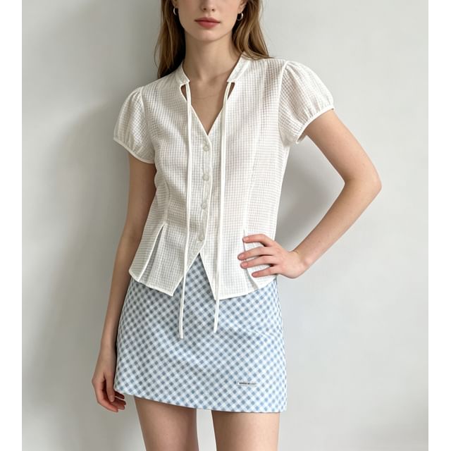 Gingham Puff Sleeve V-Neck Tie-Front Blouse