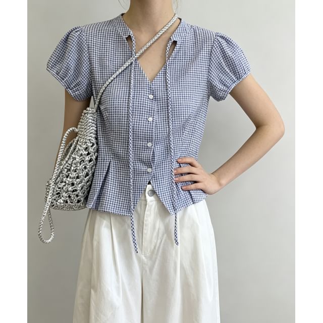 Gingham Puff Sleeve V-Neck Tie-Front Blouse