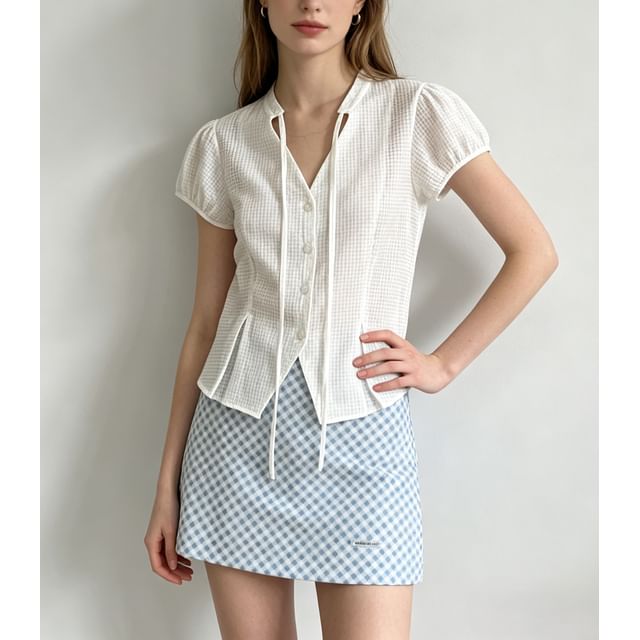 Gingham Puff Sleeve V-Neck Tie-Front Blouse