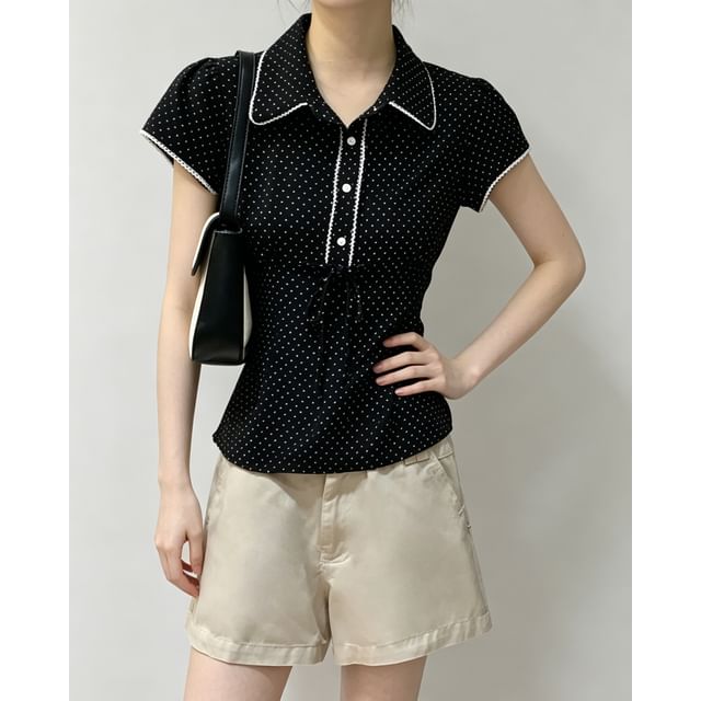 Collared Lace-Trim Polka Dot Tie-Front Blouse