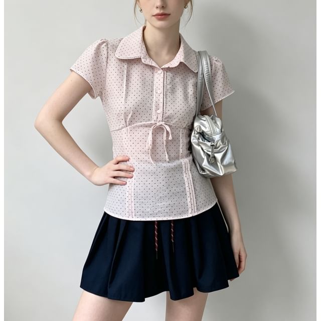 Collared Lace-Trim Polka Dot Tie-Front Blouse