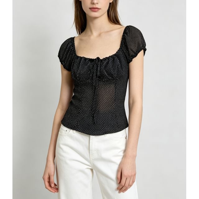 Puff-Sleeve Polka Dot Sheer Tie-Front Blouse