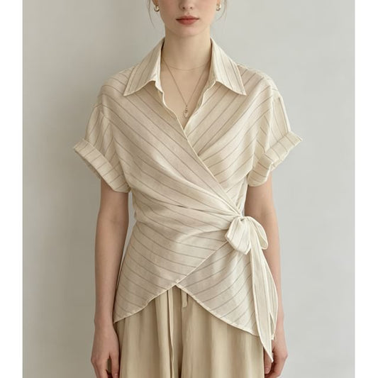 Striped Tie-Waist Asymmetric Hem Shirt