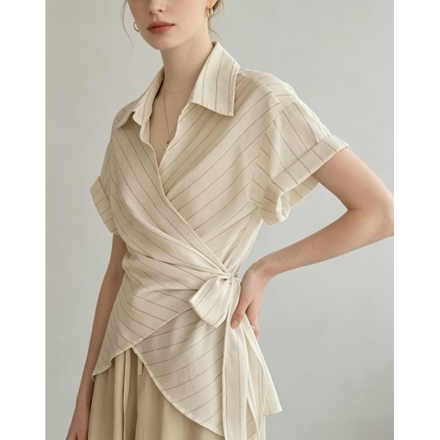 Striped Tie-Waist Asymmetric Hem Shirt
