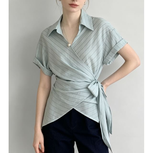 Striped Tie-Waist Asymmetric Hem Shirt