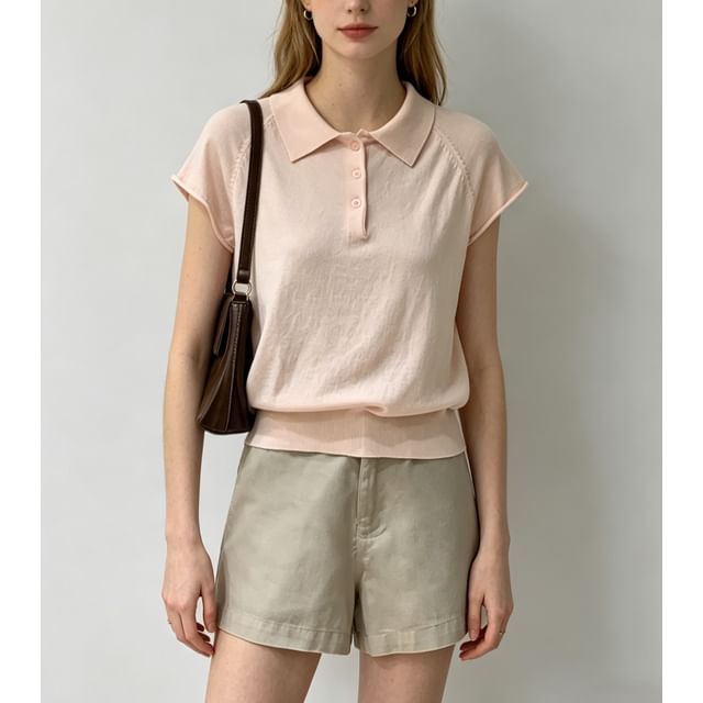 Knitted Plain Short Sleeve Polo Top