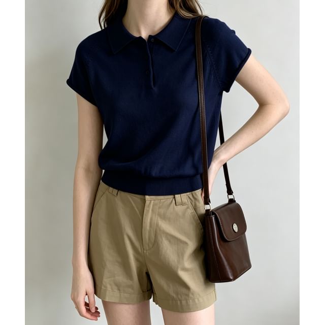 Knitted Plain Short Sleeve Polo Top