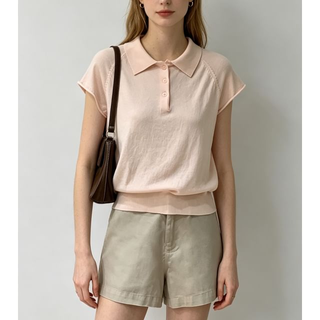 Short-Sleeve Knitted Polo Top