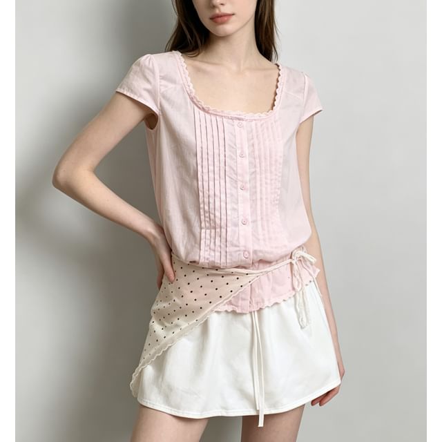 Lace-Trim Cap Sleeve Square-Neck Pleated Blouse