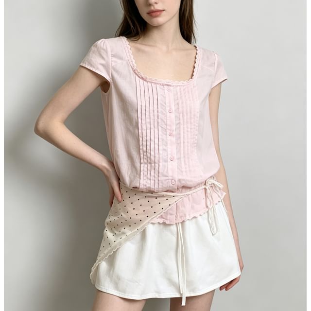 Cap Sleeve Lace-Trim Pleated Square-Neck Blouse