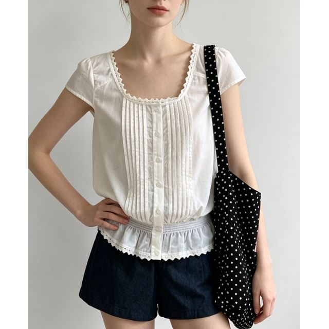 Lace-Trim Cap Sleeve Square-Neck Pleated Blouse