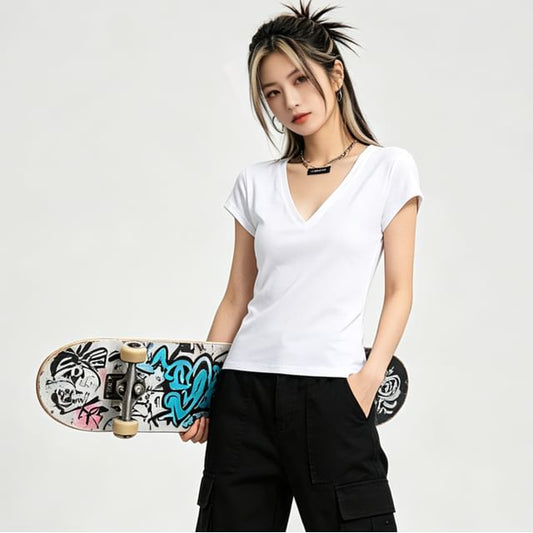 Short Sleeve V Neck Plain T Shirt