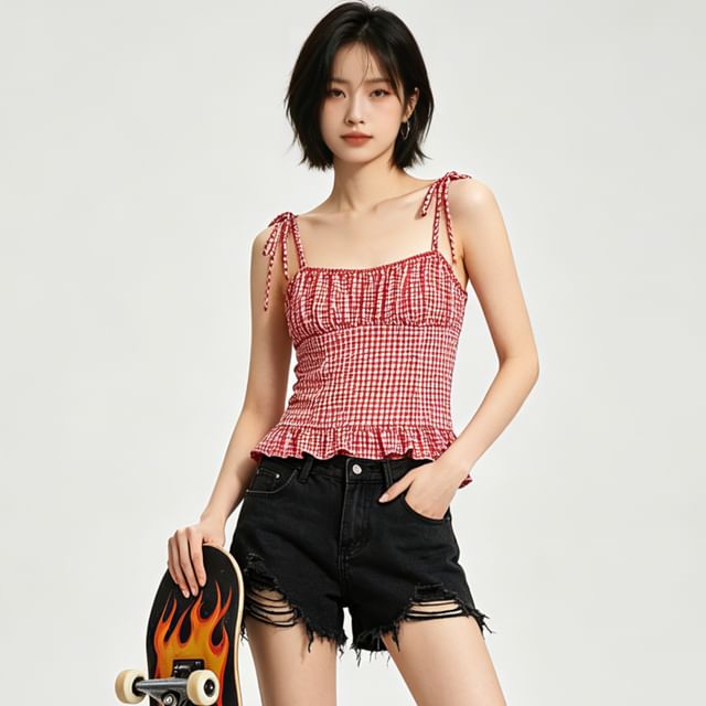 Gingham Shirred Camisole Top