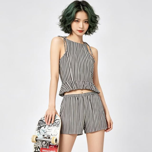Sleeveless Striped Blouse Polka Dot Blouse Mid Rise Shorts