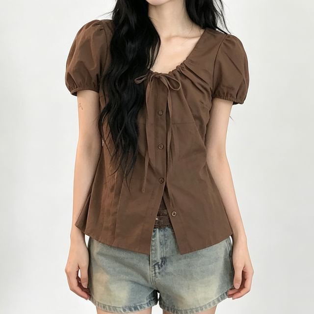 Puff Sleeve U-Neck Button Front Blouse