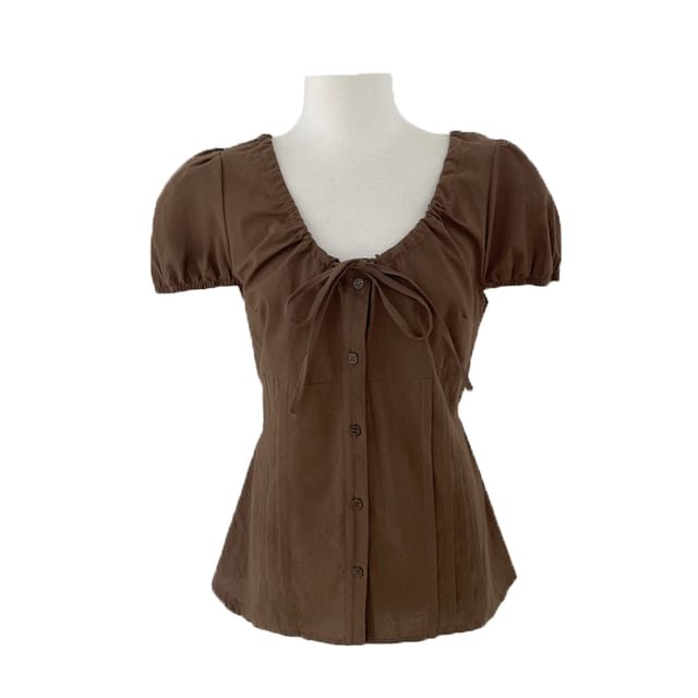 Puff Sleeve U-Neck Button Front Blouse