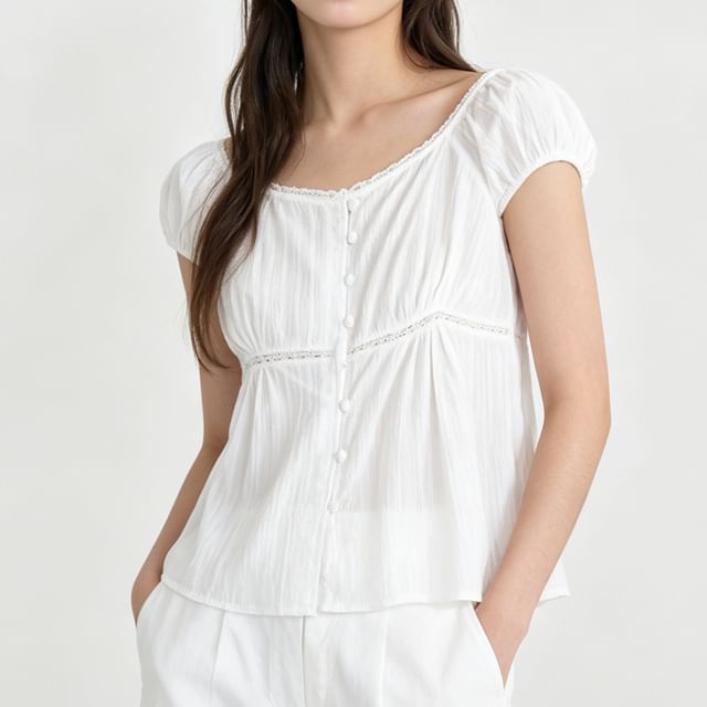Square Neck Lace Trim Crop Blouse with Puff Sleeves