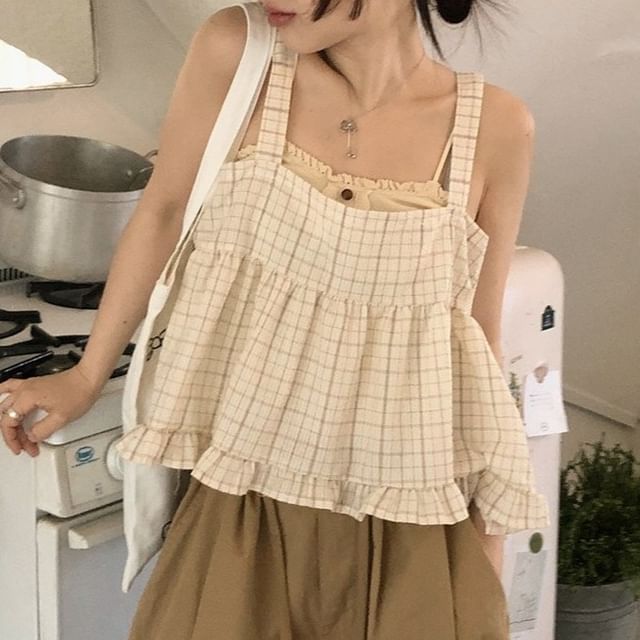 Plaid Tie Back Tank Top with Ruffle Hem