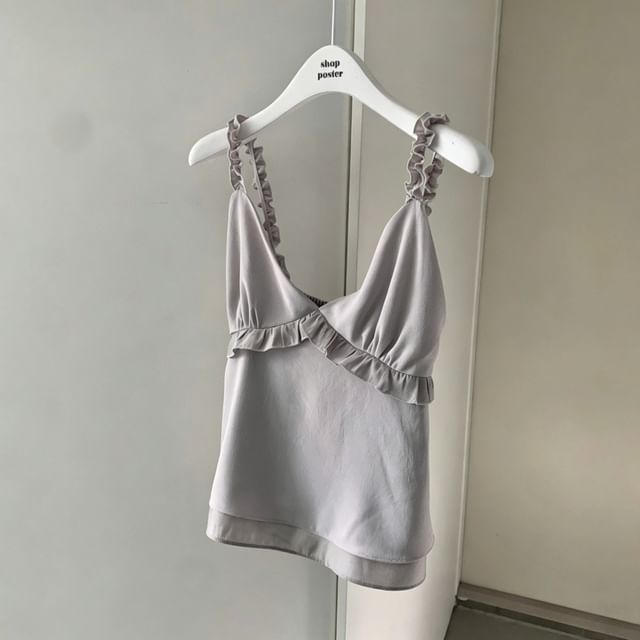 V-Neck Sleeveless Ruffle Trim Plain Top