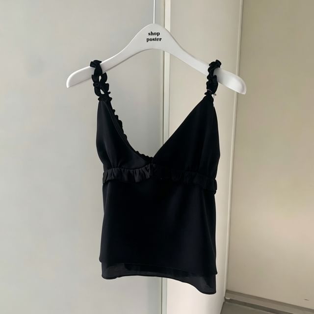 V-Neck Sleeveless Ruffle Trim Plain Top