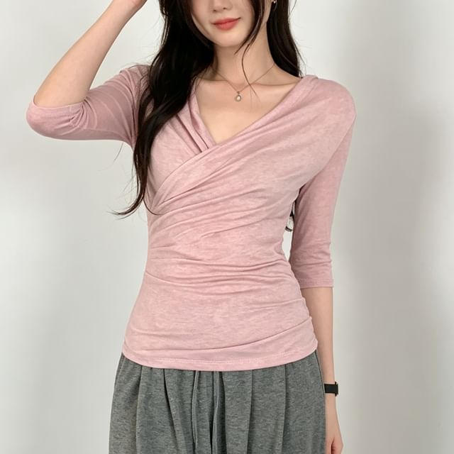 Wrap V-Neck Tee with Three-Quarter Sleeves