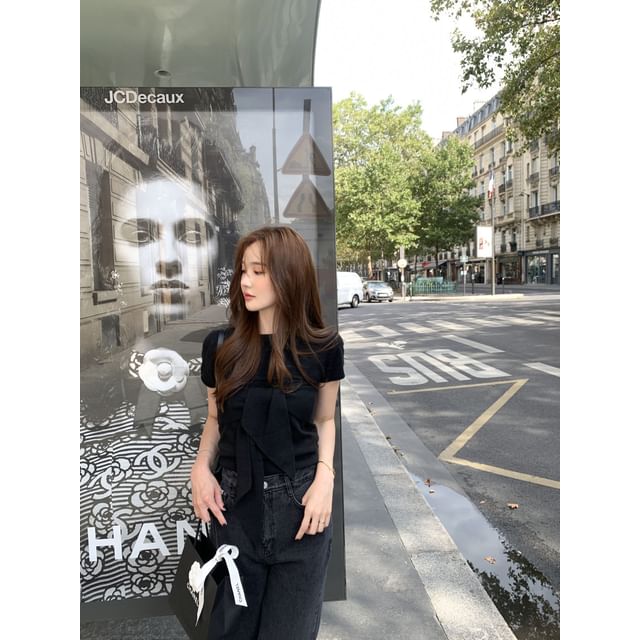 Set Short Sleeve Plain Slim Fit Knit Top Tie Front Tube Top