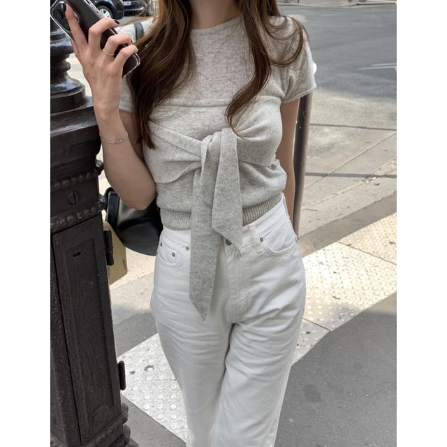Set Short Sleeve Plain Slim Fit Knit Top Tie Front Tube Top