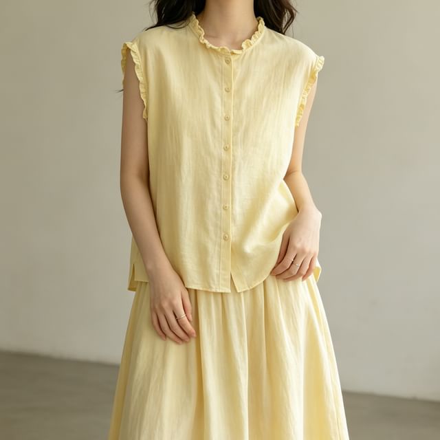 Ruffled Button Front Sleeveless Blouse