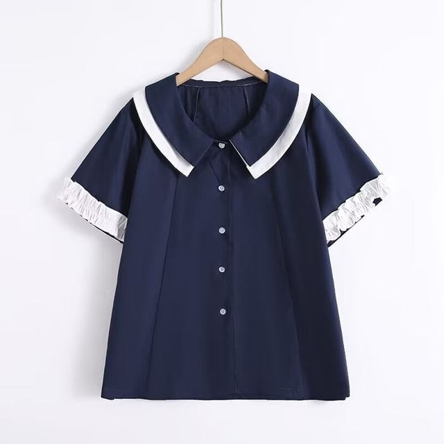 Ruffled Contrast Trim Short-Sleeve Button-Up Blouse