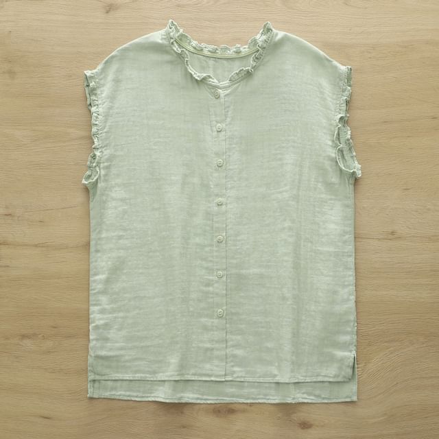 Ruffled Button Front Sleeveless Blouse