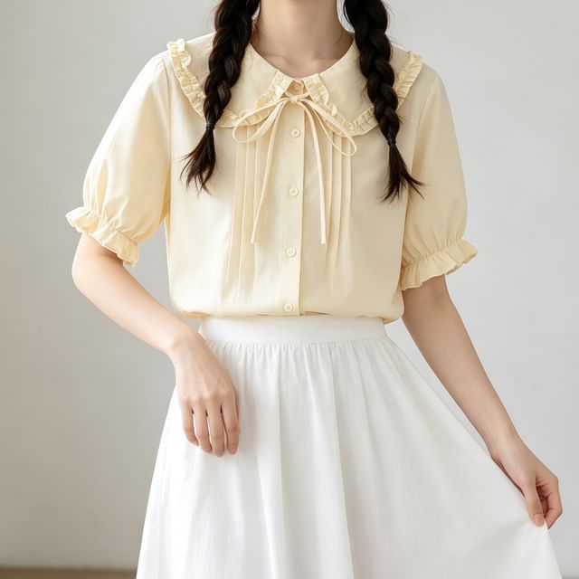 Puff Sleeve Ruffled Trim Button Blouse