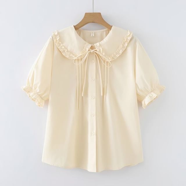 Puff Sleeve Ruffled Trim Button Blouse