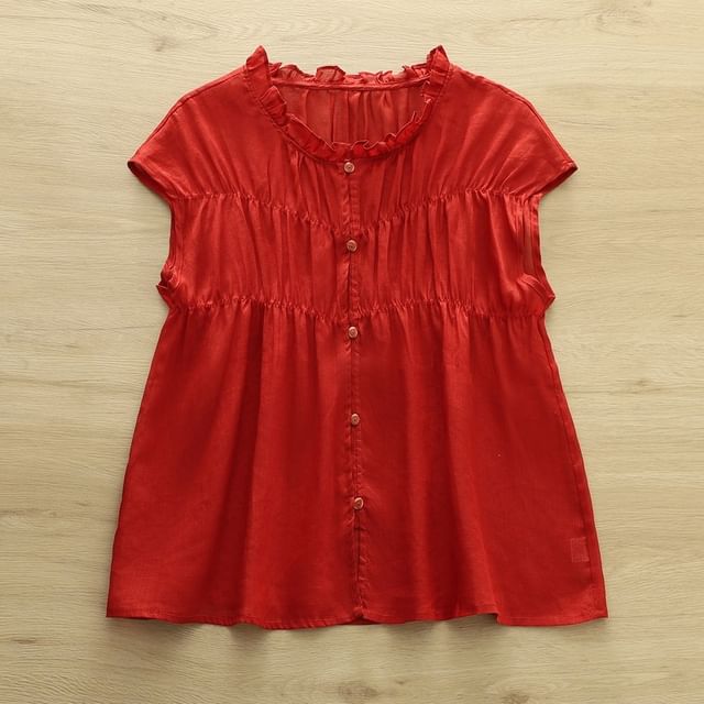 Shirred Ruffled Sleeveless Button Blouse