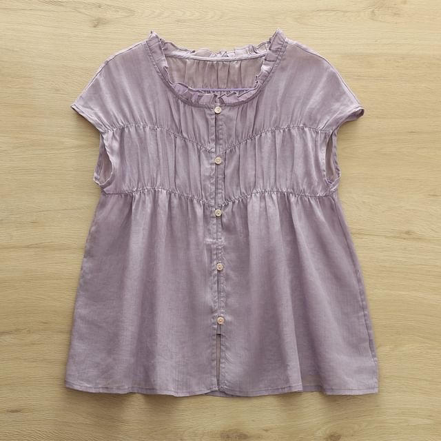 Shirred Ruffled Sleeveless Button Blouse