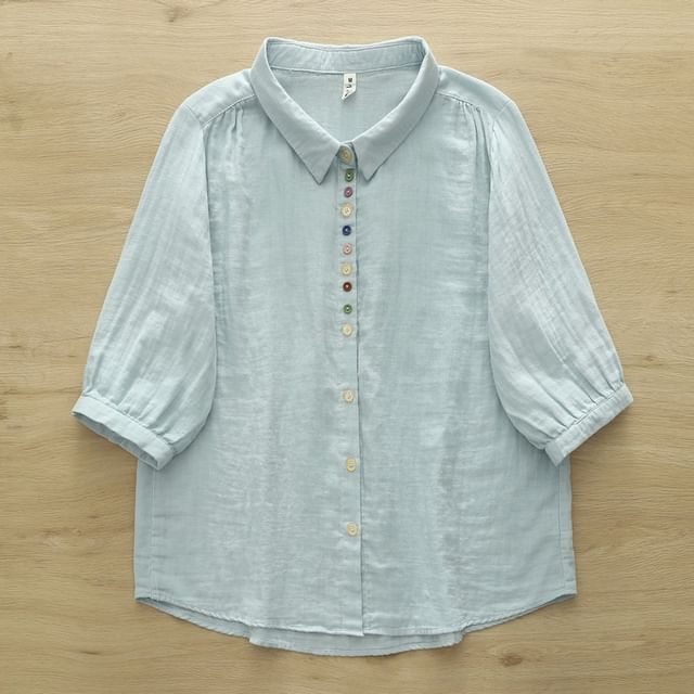 Puff Sleeve Button Front Solid Blouse