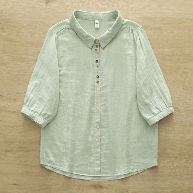 Puff Sleeve Button Front Solid Blouse