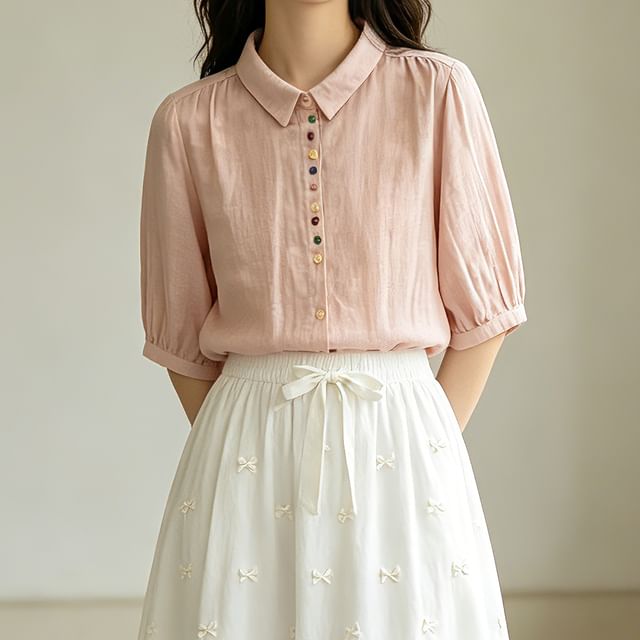 Puff Sleeve Button Front Solid Blouse