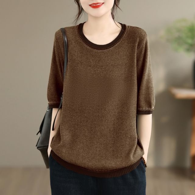 Contrast Trim Knit Top with Elbow Sleeves
