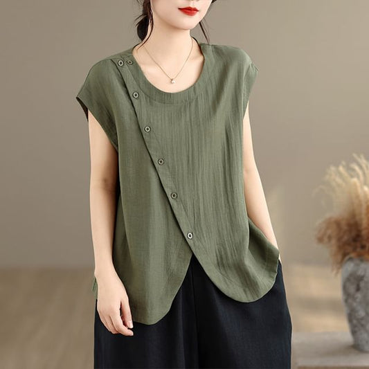 Button Front Slit Top with Cap Sleeves